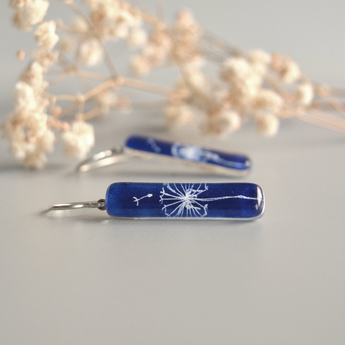 Dandelion earrings in cobalt blue, Long dangle bar, Glass and sterling silver