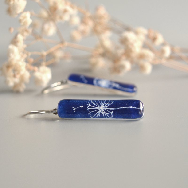 Dandelion earrings in cobalt blue, Long dangle bar, Glass and sterling silver