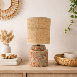 Rojo, naranja, amarillo, verde y azul Lámpara de cerámica de noche acristalada a mano cristalina con sombra de rafia/ratán, ¡una gran decoración del hogar!