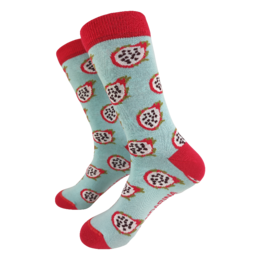 Colorful socks featuring a repeating pattern of dragon fruit slices in shades of red, pink, and green. The socks have a comfortable, stretchy fit and are made of a soft, breathable material.
