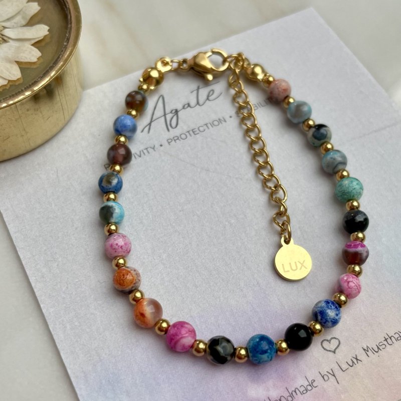 Gemstone bracelet | Agate with stainless steel beads | stainless steel silver/gold