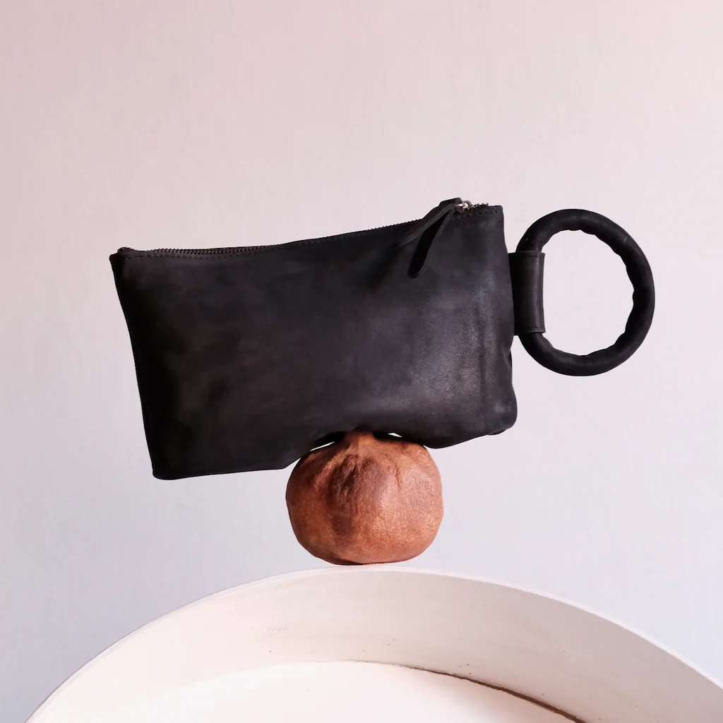 Black Leather Circular Handle Clutch