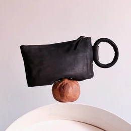 Black Leather Circular Handle Clutch