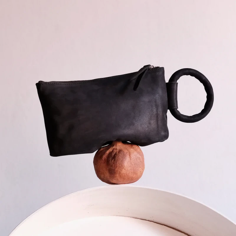 Black Leather Circular Handle Clutch