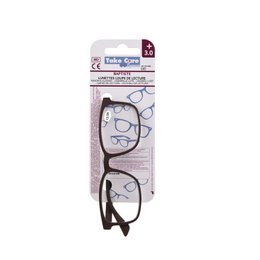 Reading glasses in a rectangular brown frame with a +3.0 magnification.