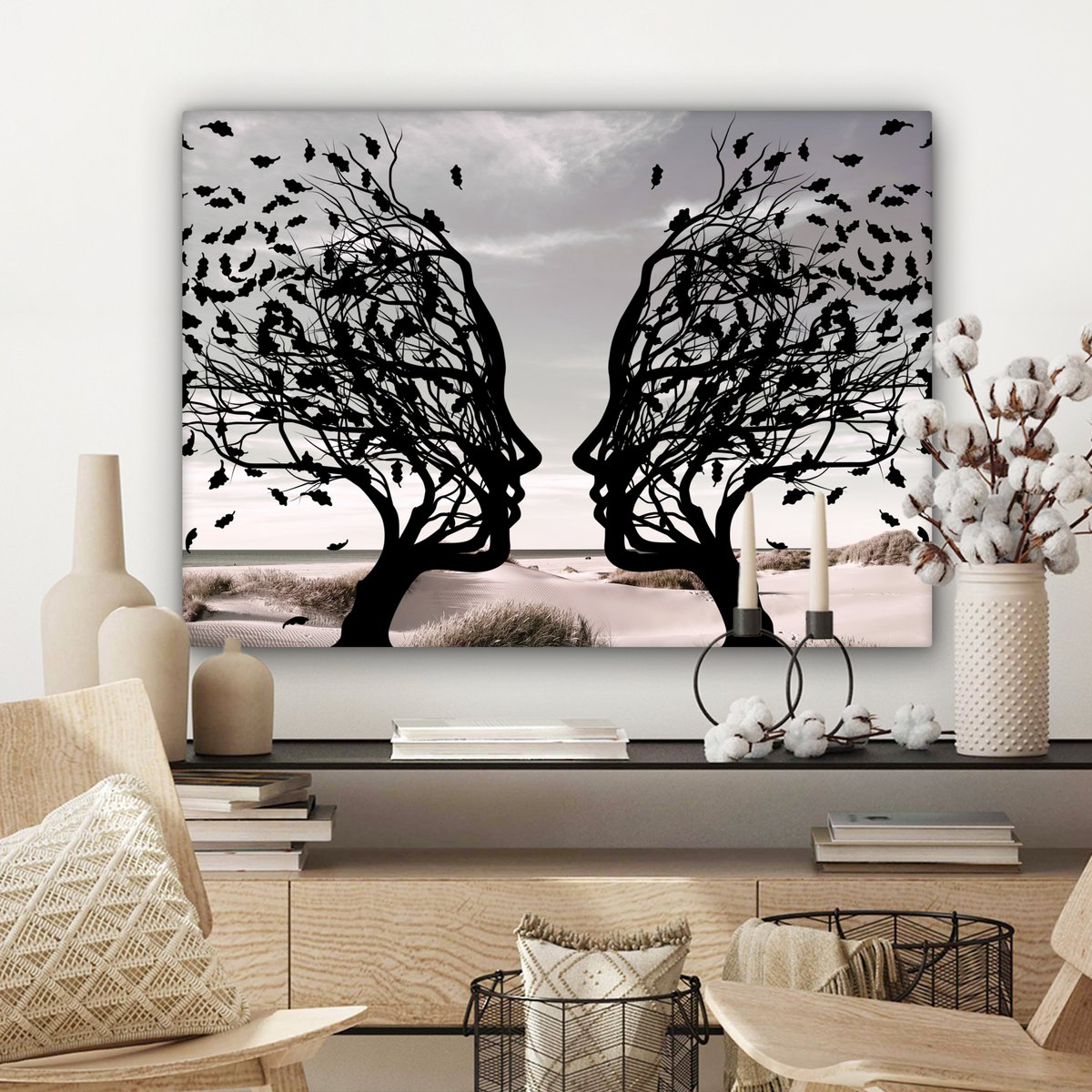Canvas schilderij  - Wanddecoratie Bomen - Gezicht - Bladeren - Moderne kunst - Muurdecoratie woonkamer - Kamer decoratie modern - Abstracte schilderijen