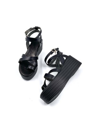 Dames lederen platformsandalen zwart, platformsandalen met bandjes voor dames, Griekse zomerplatformsandalen, damesplatforms zwart leer