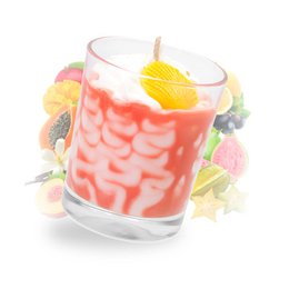  Pink coral scented candle with guava fruit design, textured glass jar, yellow wick, artisanal gourmande fragrance.