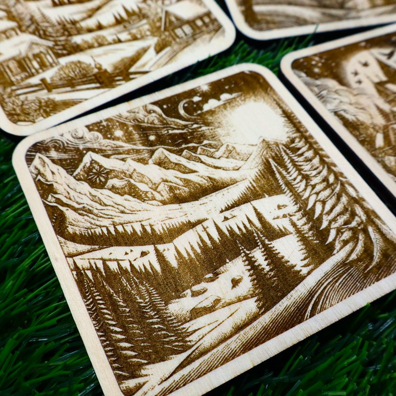 Wooden Winter Coasters, Snowy Forest and Mountain Decor, Housewarming Gift