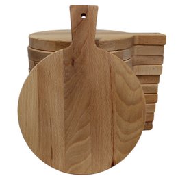 A round wooden pizza/drink board with a handle, made of light-colored wood. The board has a simple, minimalist design and appears to be suitable for serving food or drinks.