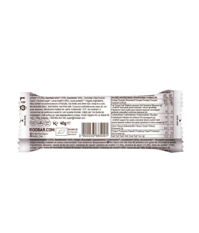 Protein Choc Chip & Hazelnuts Bar, organic, Roobar, 40g