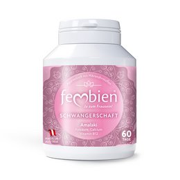 Fembien pregnancy supplement, a pink and white bottle with a floral design, contains 60 capsules for pregnancy support.