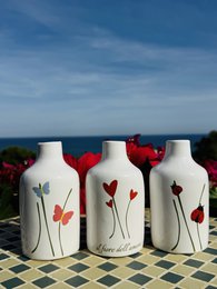 Håndlavet olieflaske med olie donorer olie jug keramisk flaske med grafik til olivenolie & eddike fra Italien 250 ml