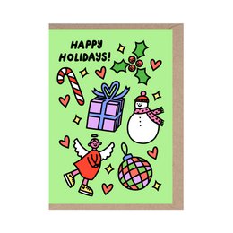  A festive Christmas card with a variety of holiday-themed icons and decorations, including a gift box, snowman, candy canes, and hearts. The card is designed with a green background and a cheerful "Happy Holidays!" message.