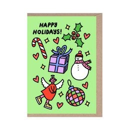 A festive Christmas card with a variety of holiday-themed icons and decorations, including a gift box, snowman, candy canes, and hearts. The card is designed with a green background and a cheerful "Happy Holidays!" message.