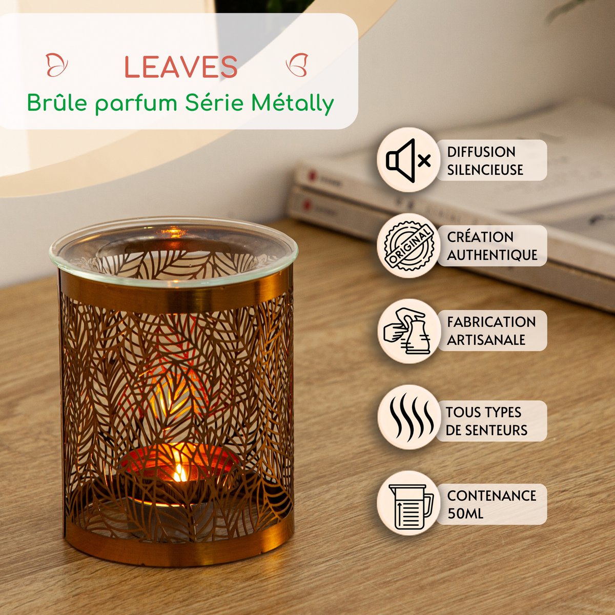 Bruciaprofumo Metally Leaves – Motivo Originale in Metallo Traforato e Vetro – Decorazione per Interni – Idea Regalo