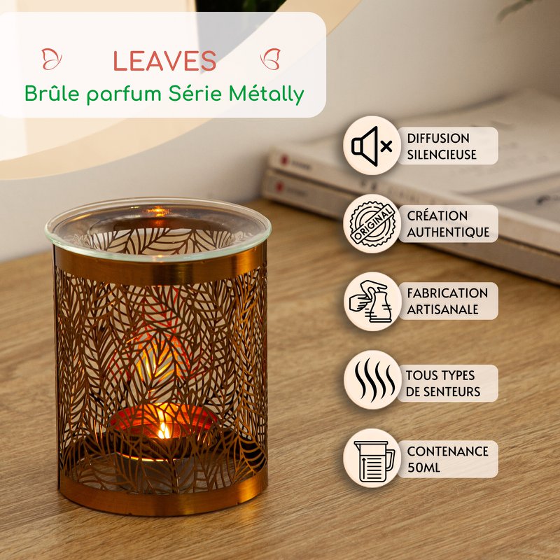 Bruciaprofumo Metally Leaves – Motivo Originale in Metallo Traforato e Vetro – Decorazione per Interni – Idea Regalo