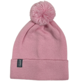 A cozy, pink 100% merino wool beanie with a large, fuzzy pom-pom on top. The beanie has a simple, classic design that is perfect for keeping kids warm during the winter months.