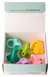 Ergonomic writing aid in assorted colors to improve handwriting. Includes various shaped grips to help develop proper pencil grip.