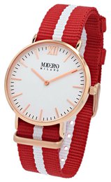 Moderno Milano stainless steel women's watch 36.5 mm, sapphire crystal & nylon NATO strap (red-white), rose gold-colored