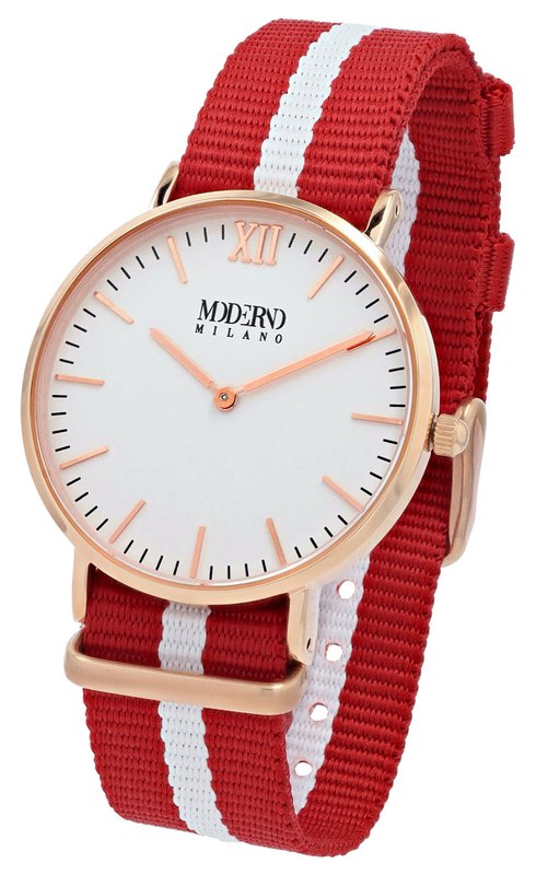 Moderno Milano stainless steel women's watch 36.5 mm, sapphire crystal & nylon NATO strap (red-white), rose gold-colored