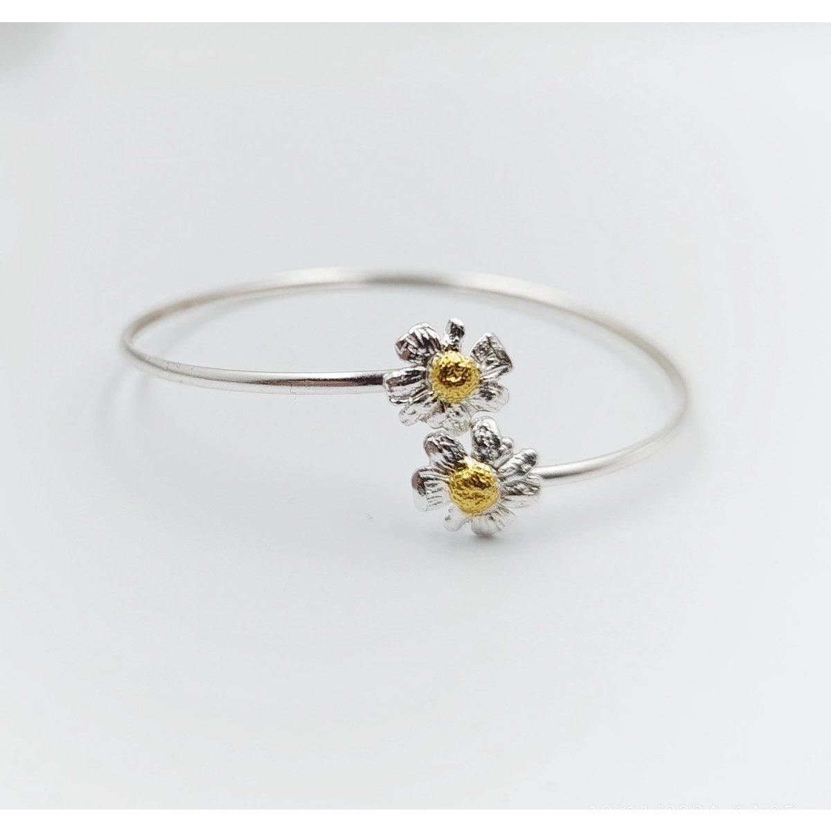 Real Chamomile Flower Bracelet: Sterling Silver Adjustable Cuff