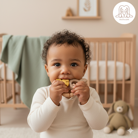Weich & hart | Bunny & Blatt Rassel Holz & Silikon Teether | Khaki & Oker
