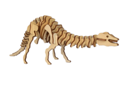 A small building kit for an Apatosaurus dinosaur model, featuring a beige skeletal structure with a long neck and tail.