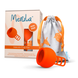 Orange menstrual cup with fox design, made of soft silicone material, reusable and eco-friendly for intimate care.