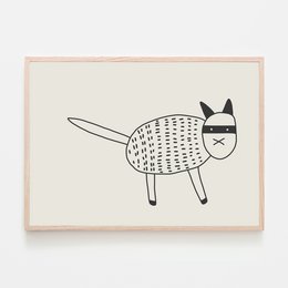 A black and white print of a stylized cat with a simple, minimalist design. The cat has a patterned body and pointed ears, giving it a modern, graphic appearance. This wall art piece would be suitable for a minimalist or Scandinavian-inspired home decor.
