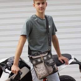 Sunsa women's shoulder bag. Handbag made of canvas and leather. Vintage style shoulder bag. Large crossbody bag for women with dog print grey/black
