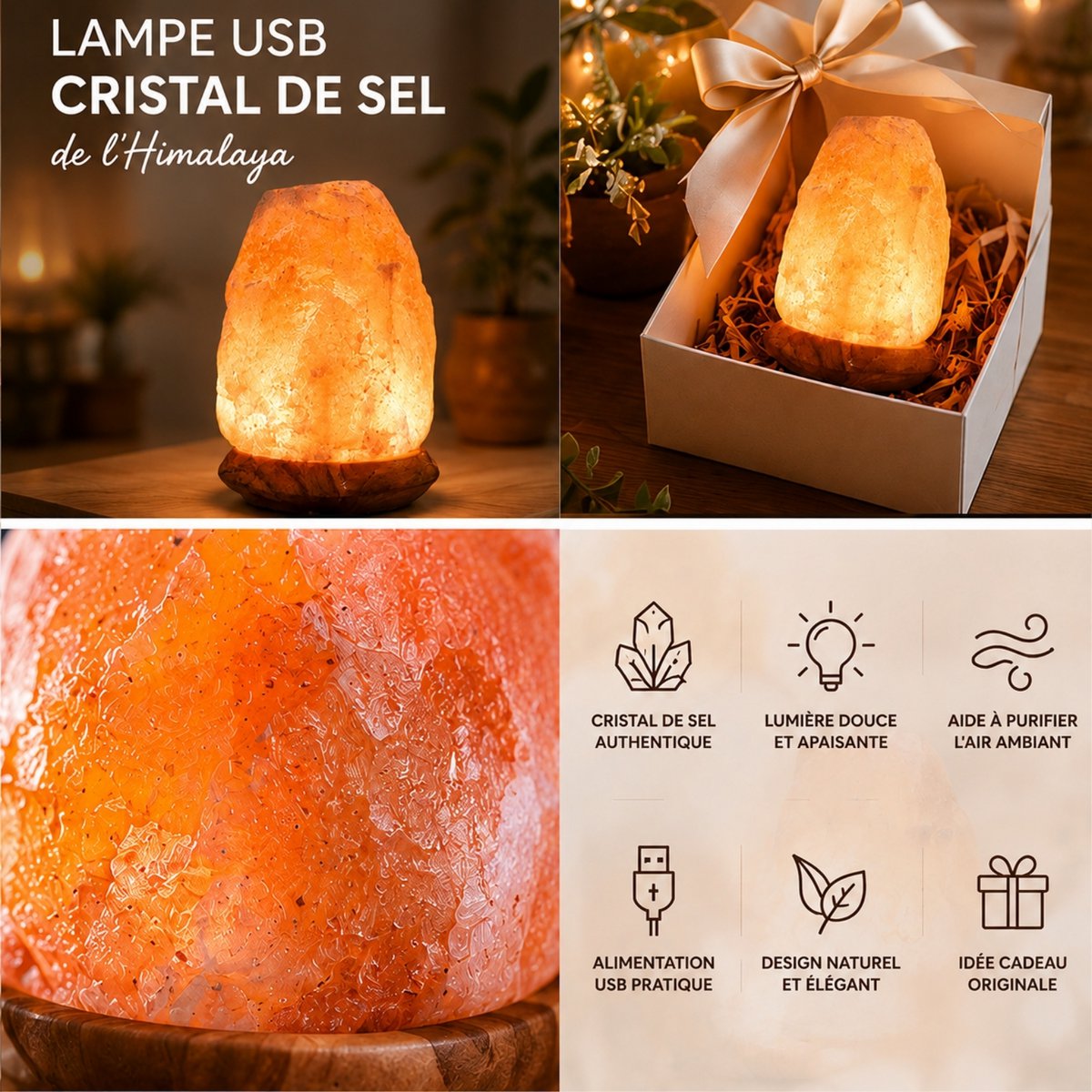 USB-lamp uit Himalayazoutkristal – steen 600 g – houten voet – decoratief object