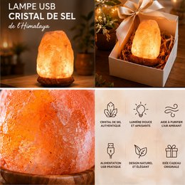 Lampa USB z kryształem soli himalajskiej – Rock 600g – Podstawa drewniana – Przedmiot dekoracyjny