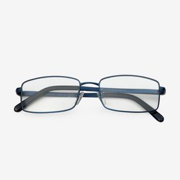  Rectangular navy blue metal eyeglasses with clear lenses.