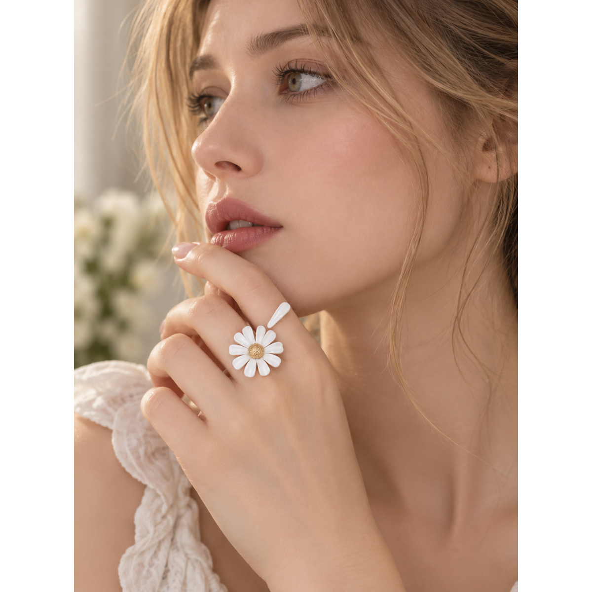 Luminous White Daisy Bloom Open Ring