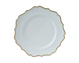 White plastic dinner plate with a diameter of 33 cm and a decorative gold-colored edge.