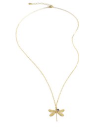Collana di media lunghezza placcata in oro 18 carati con libellula e tanzanite