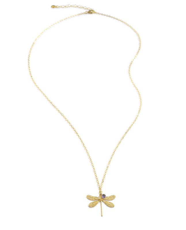 Collana di media lunghezza placcata in oro 18 carati con libellula e tanzanite