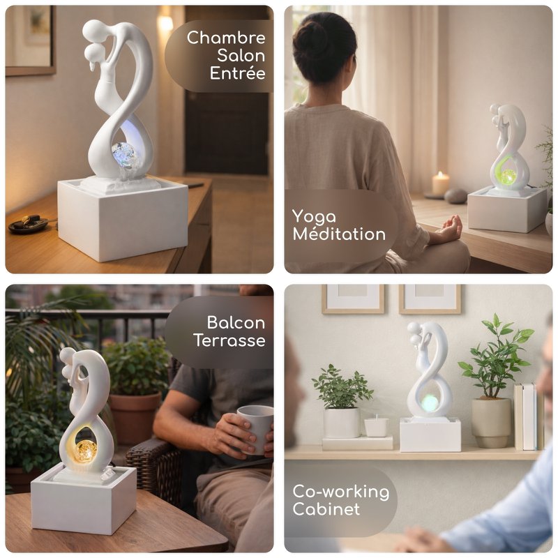 Indendørs springvand - Amor Hvid - Moderne med farverigt LED-lys - Aftagelig Lovers Skulptur - Moderne boligindretning - Roterende bold