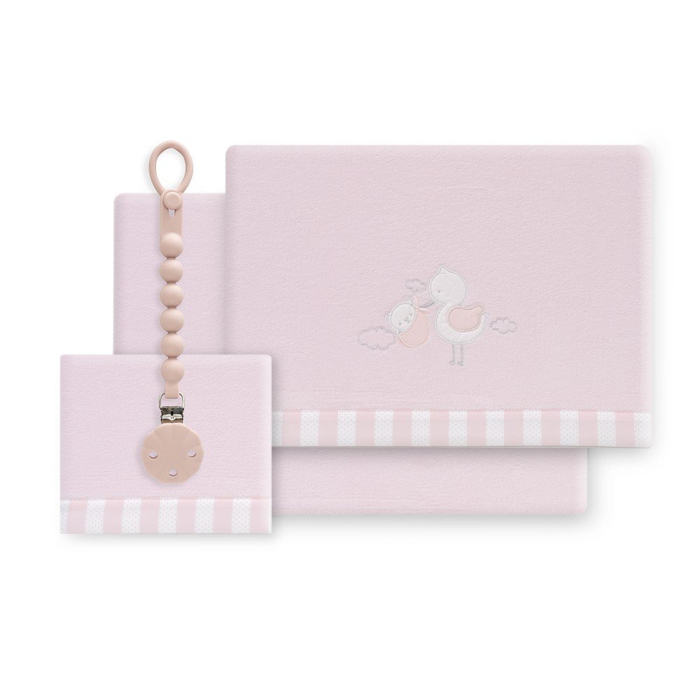 3 PCS BEDDING COT 60X120(SHEET155X110+FITTED S.120X60+CASE60X40)CORAL FLECCE + PACIFIER HOLDER - MOD. CIGÜEÑA OSO - PINK