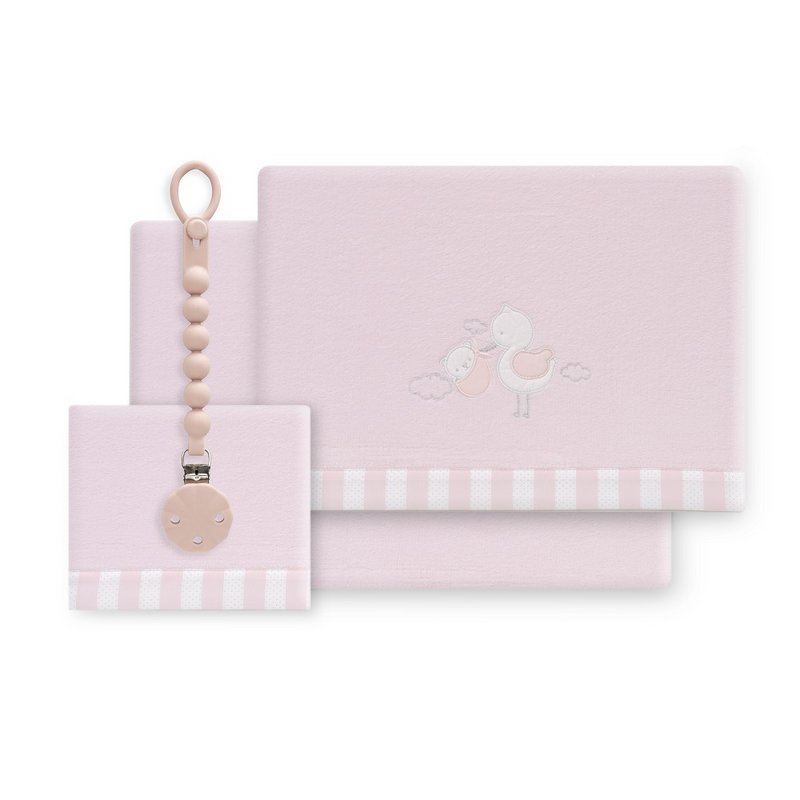 3 PCS BEDDING COT 60X120(SHEET155X110+FITTED S.120X60+CASE60X40)CORAL FLECCE + PACIFIER HOLDER - MOD. CIGÜEÑA OSO - PINK