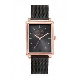 Rectangular rose gold-tone watch with black mesh stainless steel band. Features a black dial with rose gold-tone hands and markers.