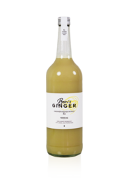 A 1.0l bottle of Ben's Ginger Ginger Concentrate, a ginger-based juice product. The bottle has a clear glass body and a white label with the product name.