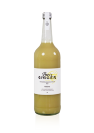 A 1.0l bottle of Ben's Ginger Ginger Concentrate, a ginger-based juice product. The bottle has a clear glass body and a white label with the product name.