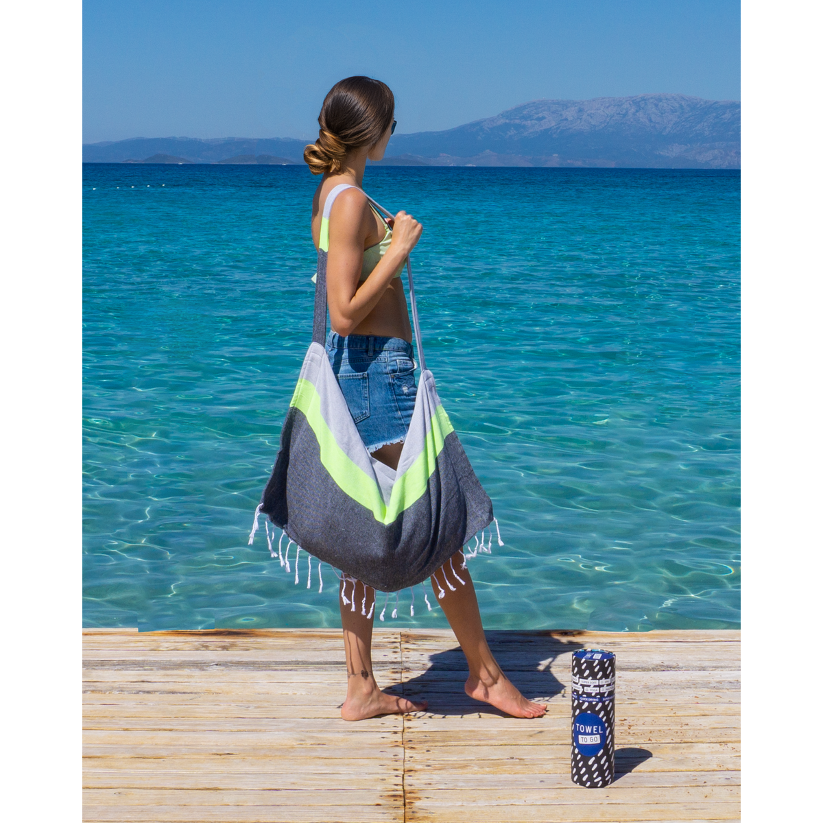 TOWEL TO GO NEON Telo mare e borsa 2 in 1 in cotone riciclato 180x100 cm | Asciugatura rapida | Grigio/Nero | con confezione regalo