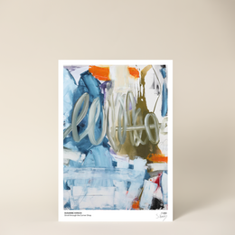 Vibrant abstract art print featuring fluid shapes and colors. Includes a mix of blues, oranges, and neutral tones. Suitable for home or office decor.