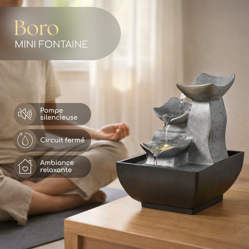 Zimmerbrunnen – Boro – Ideale dekorative Zen-Atmosphäre – kleines dekoratives Modell – LED-Lichtfluss – modern und schlicht