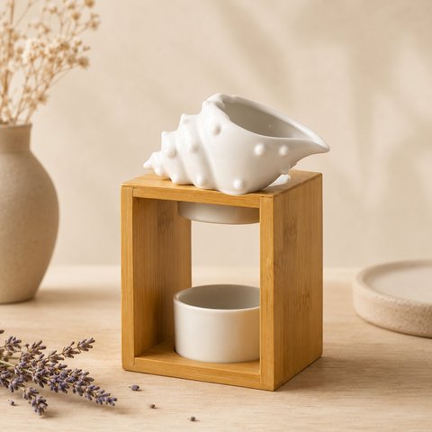Parfumbrander Naturea Serie - Schelp - in Bamboe en Keramiek - Origineel en Decoratief Design - Aromatherapie Kandelaar - Verspreiding van Essentiële Oliën, Wassen, Geurende Fondants