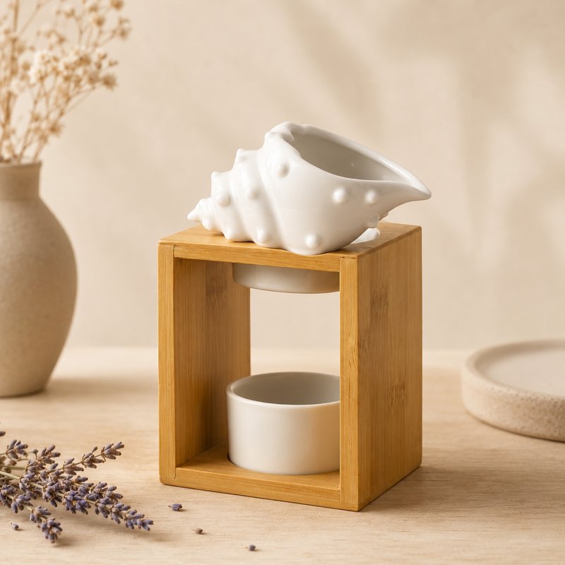 Brûle Parfum Série Naturea – Shell – en Bambou et Céramique – Design Original et Déco – Bougeoir Aromathérapie – Diffusion Huiles Essentielles, Cires, Fondants Parfumés