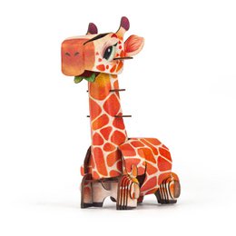 3D wooden puzzle giraffe with orange spotted pattern, interactive sound-making craft kit for children.